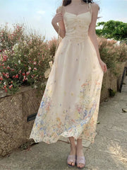 Summer French Print Embroidery Women's Dresses 2025 Prairie Chic Elegant V-Neck Pleated Lace-up Long Dress New Fashion Casual voguable