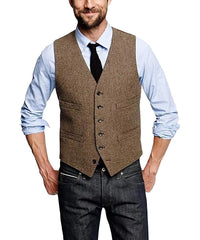 Men's Classic Vest Single Breasted Slim Fit Vintage Modern Waistcoat Casual Gilet Herringbone Wedding voguable
