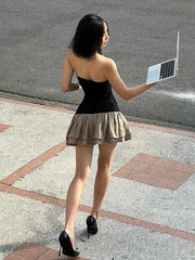 Weird Puss Patchwork Lace Dress Women Sexy Thin Wrap Bubbles Hem Sleeveless Backless Summer Midnight Skinny Street Mini Bodycon voguable