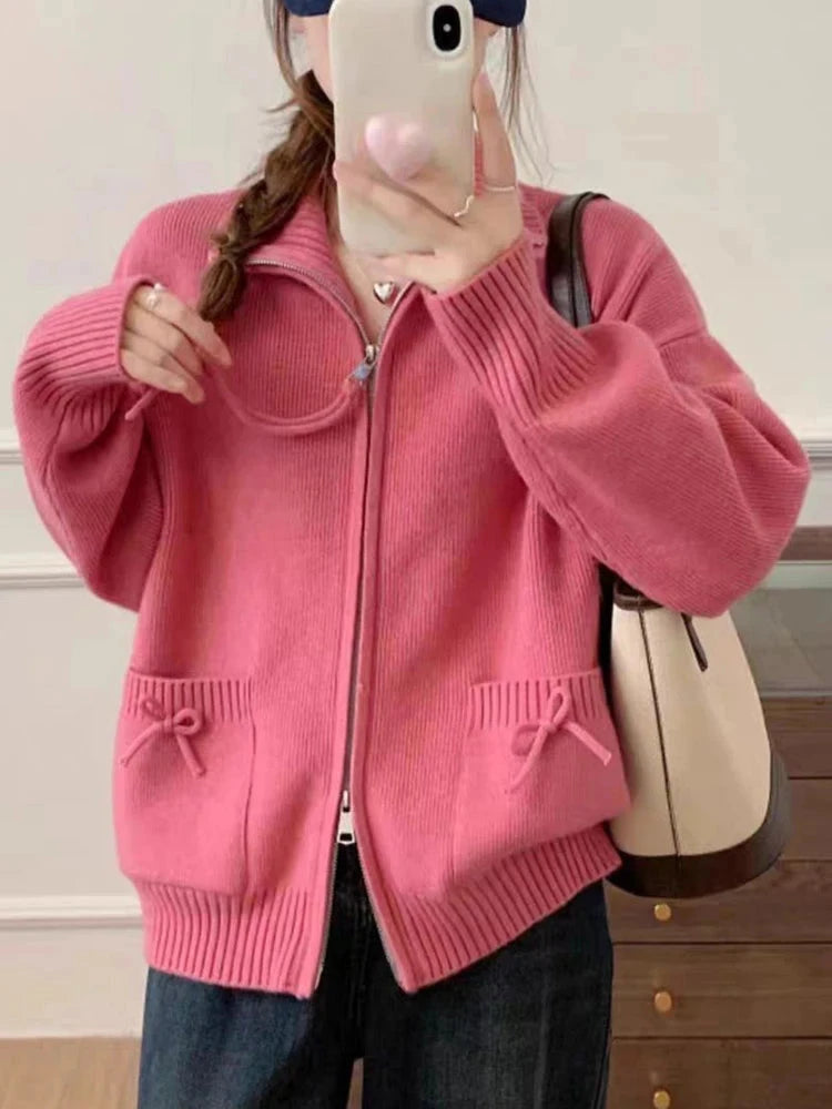 Korean Bow Cardigan Women Lazy Wind Double Zipper Long Sleeve Knitted Jacket Vintage Sweet Casual Preppy Style Tops Coat voguable