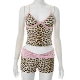 Voguable Sexy Y2K Leopard Two Piece Lace Short Sets for Women Summer Fashion Spaghetti Straps Cropped Tops and Mini Shorts Outfit voguable