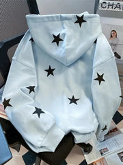 Stars Print Hoodies Women Vintage Streetwear Long Sleeve Loos Blue Sweatshirts Casual Pockets Lace Up American Fall Tops voguable