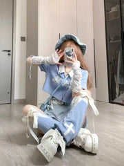 Korean Fashion Hotsweet Vintage Contrast Stitching Mini Denim Skirt Women Summer High Waisted Slim Jeans Skirt Y2K Streetwear
