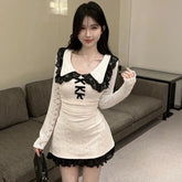 Voguable Fashion Sexy Mini Dress Women Long Sleeve Bow Lace Patchwork Slim Fit Hottie Dresses Autumn Sailor Collar Folds Casual Dress New voguable