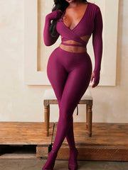 Voguable Sexy V-Neck Women Two Piece Pants Sets Fashion Long Sleeve Drawstring Bandage Cropped Top and Leggings Pantyhose Outfits voguable