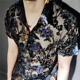 Colorful Flowers Pattern Velvet Shirt Men Transparent Short Sleeve Sexy Shirt Social Club Outfits Party Men Designer Shirt voguable