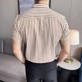 Men Striped Shirt 2024 Summer Light and Thin Breathable Sweat Absorbing Short Sleeved Slim Fit Casual Pleated Shirt Men clothing voguable