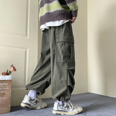 Voguable  Corduroy Cargo Pants for Men Streetwear Black Cargo Trousers Male Joggers Hip Hop Green Black Japanese Pocket Korean voguable