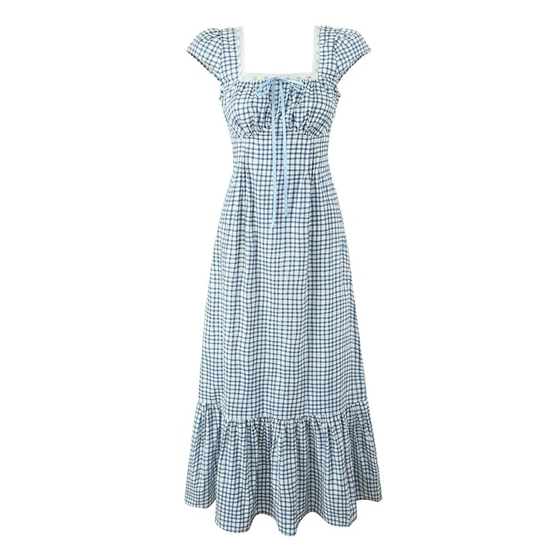 Women Casual Vintage Plaid Dress Elegant Square Neck Short Sleeve A-line Summer Long Dress Vacation Maxi Robe voguable