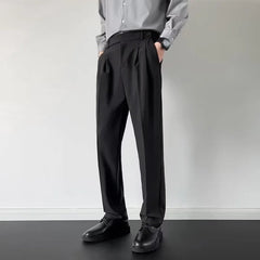 Men's Luxury Fitting Well Draped Baggy Suit Pants Casual Button Solid Color Straight Premium Dress Pants Urban Business Trousers voguable