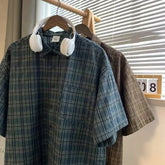 Japanese Vintage Plaid Short Sleeve Shirt Men's Streetwear Loose Fit Casual Stylish Versatile Half Sleeve Underwear voguable