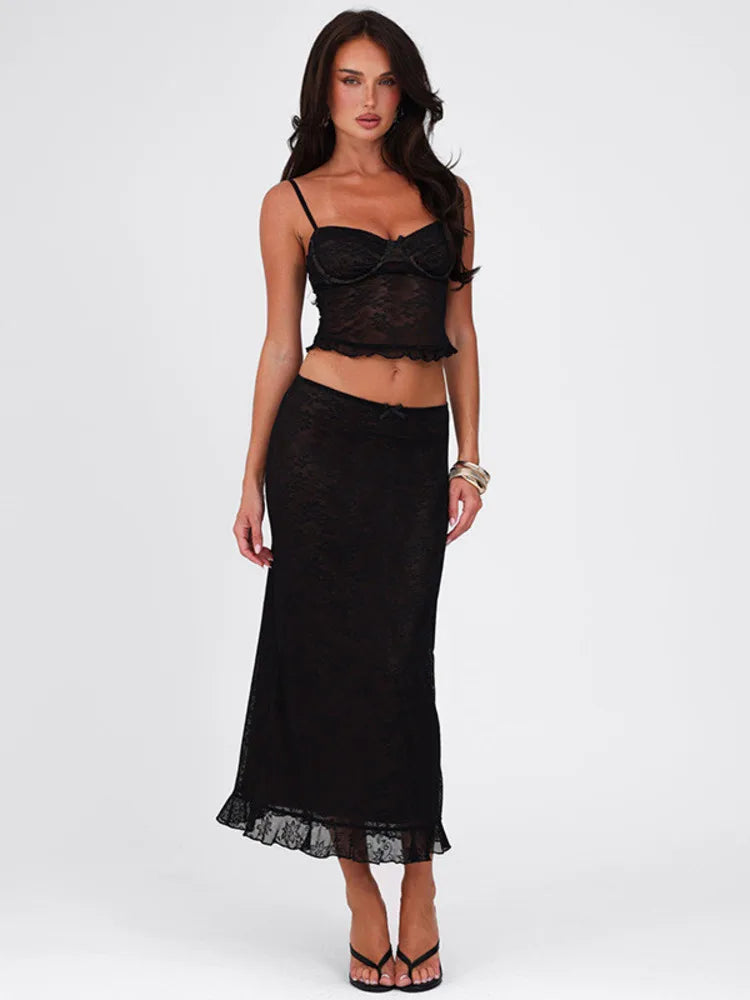 Mozision Lace Sexy Two Piece Sets Women Spaghetti Strap Sleeveless Crop Tops And Long Skirt Matching Sets Elegant Club Sets voguable