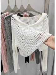 Pointelle Knit Hooded Sweater for Women Sheer Openwork Long Sleeve Boxy-fit Pullover Crop Top Teen-girl Spring Summer Y2K Outfit voguable