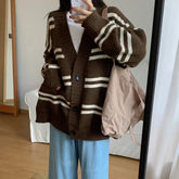 Women Cardigan Sweater Striped V-neck Button-up Sweater Jacket Comfy Cozy Slouchy Cardi Autumn Winter Casual Outfit voguable