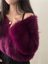Voguable Autumn Winter Pullover Furry Sweater Tops Women V-Neck Korean Modis Ladies Cropped Sweaters Long Sleeve Loose Woman Sweater voguable