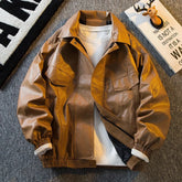 Autumn Winter Fashion Turn-down Collar Long Sleeve Solid Retro Leather Jackets Men's Clothing Rib Sleeven Korean All-match Tops voguable