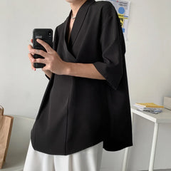 Voguable Summer Black White Pullover Shirt Men Fashion Oversized Casual Shirt Men Korean Loose Short Sleeve Shirts Mens Dress Shirt M-2XL voguable