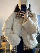 Sweet Cute Faux Lamb Coat Women Winter Thick Warm Plaid Patchwork Jacket Vintage Preppy Style Long Sleeve Kawaii Outwear Tops voguable