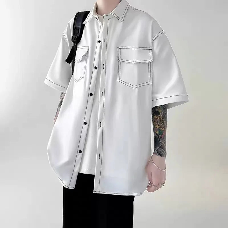 Voguable Summer Short Sleeved Shirt Men Fashion Retro Black White Shirt Men Streetwear Korean Loose Casual Shirt Men Vintage Shirts voguable