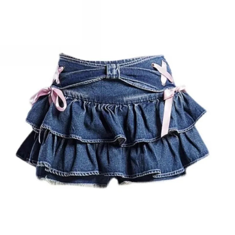Voguable New Blue Denim Pleated Skirt Y2K Aesthetic Sweet Pink Bow Lace Up Ruffles Cake Mini Skirts Harajuku Women Kawaii Short Skirt 90s voguable