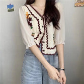 Voguable New V-neck Embroidered Short Sleeves Women's Short Top Knitted Cardigan Thin voguable