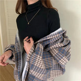 Voguable Women Plaid Shirt Fall Winter Plush Thicken Loose Casual Vintage Blouse Korean Simple Button Long Sleeve Woolen Cloth Coat New voguable