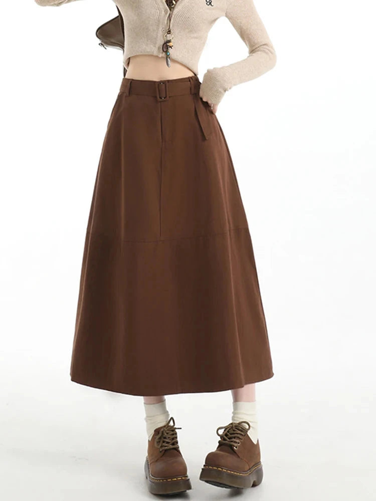 Retro Belt Long Skirt Women Casual Sweet High Waist A Line Skirts Preppy Style Fall Winter Lady Korean Vintage Long Skirts voguable