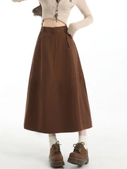 Retro Belt Long Skirt Women Casual Sweet High Waist A Line Skirts Preppy Style Fall Winter Lady Korean Vintage Long Skirts voguable
