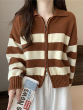 Voguable Chic Double Zipper Striped Cardigan Sweater Women Korean Casual Simple Knitted Tops Fall Winter Turn Down Collar Outwear voguable