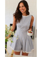 Lace Patchwork Plaid Chic Playsuit 2025 Summer New Round Neck Elastic Waist One Piece Shorts Sleeveless Casual Women Romper voguable