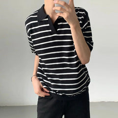 Summer Men's Clothing Light Luxury V Neck Knit Polo Shirt Korean Striped Short Sleeve Retro Fashion Leisure Slim Knitwear voguable