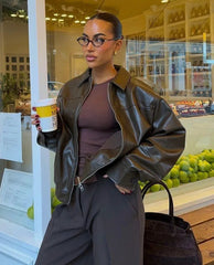 2024 Vintage Chocolate Leather Laple Jacket Women Chic Zipper Long Seleeve Pocket Short Coat New Autumn Ladies High Streetwear voguable