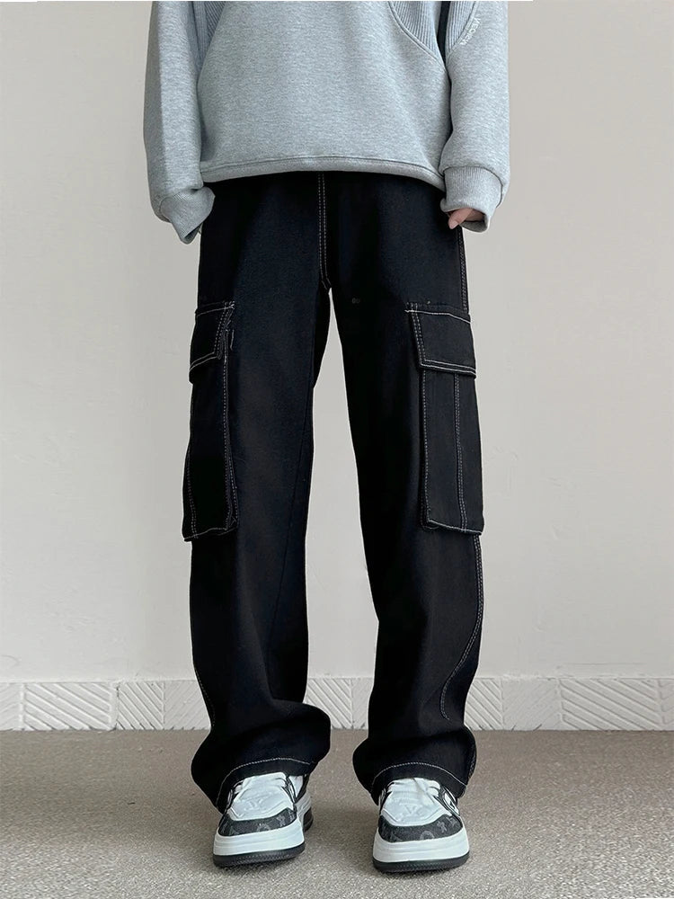 Men's Fashion Pocket Cargo Jeans Korean High Street Classic Black Denim Pants Personality Streetwear Male Trousers Trendy Brand voguable