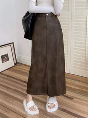 Vintage Pu Leather Split Midi Skirts Women Y2K High Waist Streetwear All Match Hip Skirt Korean Solid Casual Ladies A Line Skirt voguable