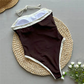Voguable Brown Strapless Sexy Swimsuit Women One Piece Swimwear White Edge Metal Ring Belt High Cut Bathing Swimming Suit Monokini voguable