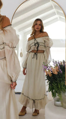 Lantern Sleeve Chiffon Top And A-line Long Skirt Vacation Women Sets 2025 Spring Summer New Ruffle Tee Skirt Summer 2 Piece Set voguable