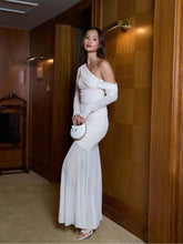 Oblique Shoulder Long Sleeve Sexy Maxi Dress For Women Fashion Mesh Backless Bodycon Ruched Club Evening Long Dress voguable