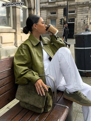 Fashion Green Leather Sleeve Loose Jacket Women Chic Laple Zipper Cropped Short Coats 2024 New Lady Casual High Street Outerwear voguable