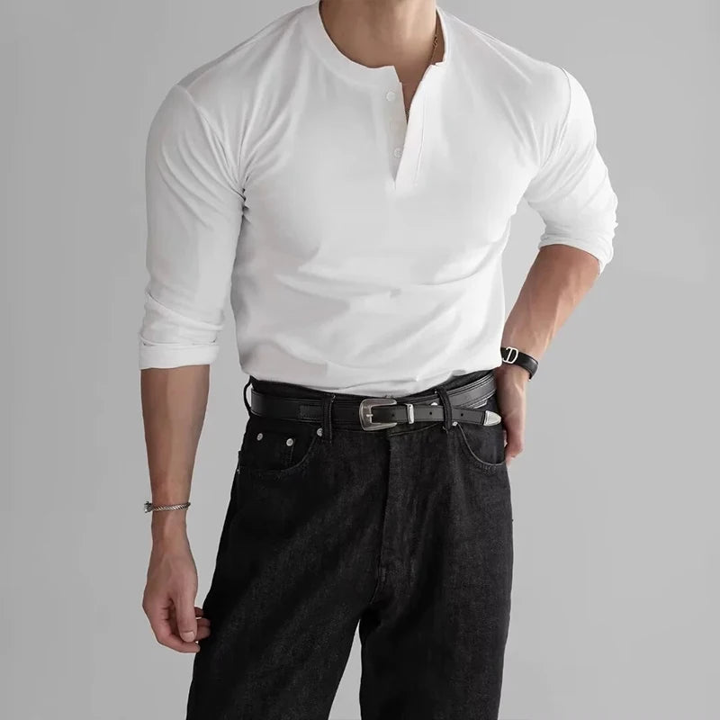 New American Fashion Men Henry Collar T-shirt Light Luxury Solid Color Long Sleeve Tops Leisure Light Business Basic Shirt M-3XL voguable