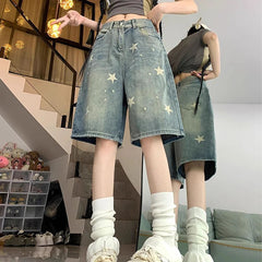 Y2K Star Printed Denim Shorts Women Fashion High Waist Wash Knee Length Jeans Bf Summer Streetwear Loose Wide Leg Pants voguable
