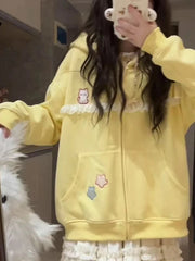 Women Cute Cartoon Hoodies Vintage Lace Patchwork Loose Sweet Sweatshirts Fall Preppy Style Japan Pockets Lady Kawaii Tops voguable