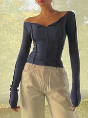 Women Autumn T-shirt Long Sleeve Boat Neck Spliced Slim Fit Shirts Solid Color Korean Fashion Kawaii Y2K Crop Tops Streetwear