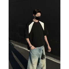 Mens Breathable Cotton Tshirt man Soft Summer Casual Slim Fit Contrast Panel Simpl Design Streetwear Fashion Tee Line Texture voguable