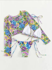 Voguable Sexy Mesh Cover Up Bikini Set Women Long Sleeve Tie Dye Floral Print Thong 3 Piece Swimsuit Beach Bathing Suit Swimwear 2024 voguable