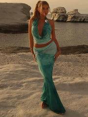 Gradient 2 Piece Set Women Starfish Swing Collar Halter Backless Tops+Sash Skirts Beach Vacation Midnight Clubwear voguable