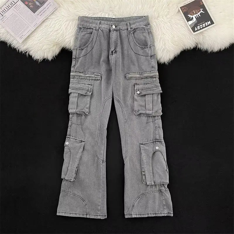 Men Straight Leg Cargo Workwear Jeans Multi Pocket Tactical Pants Durable Denim Trousers Outdoor Utility Casual Mens loose pants voguable