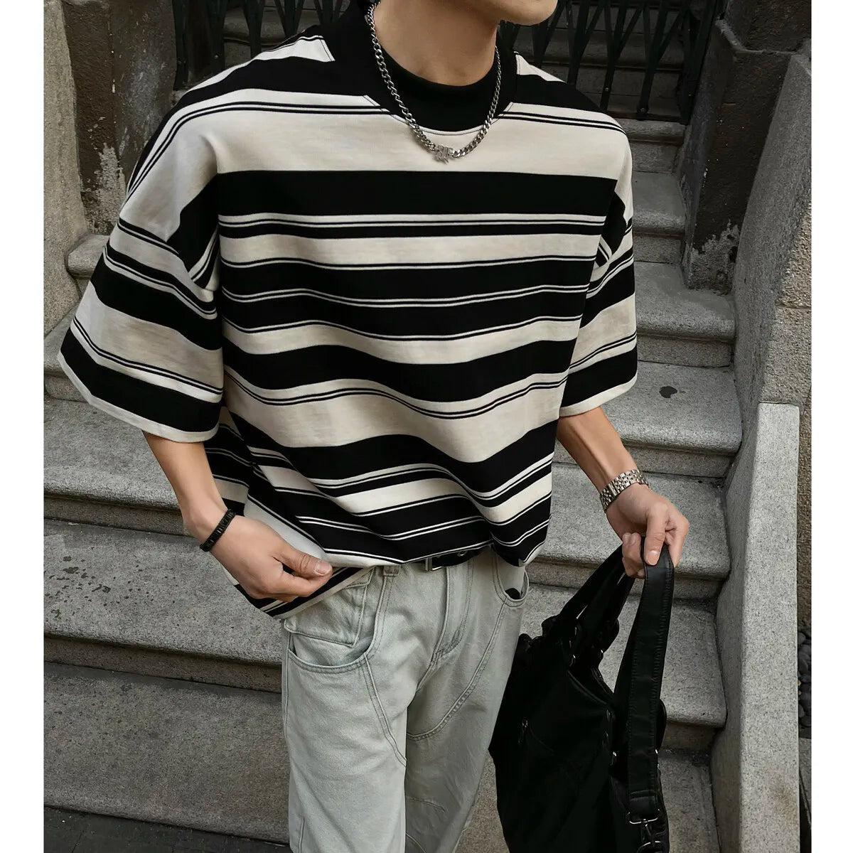 Men Black White Stripe Tshirt Man Loose Fit O Neck Casual Streetwear Fashion Soft Cotton Relaxed Summer Tee Shirt Striped Top voguable