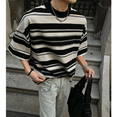 Men Black White Stripe Tshirt Man Loose Fit O Neck Casual Streetwear Fashion Soft Cotton Relaxed Summer Tee Shirt Striped Top voguable