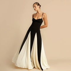 Contrast Color Suspender Maxi Evening Dress Women's With Lining Sexy Backless Splice Sleeveless Long Party Dress Female voguable