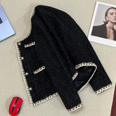 Voguable Black Elegant Crop Blazers Women Small Fragrance Fashion Long Sleeve O Neck Suit Coats Sequins Casual Button Patchwork Jacket voguable